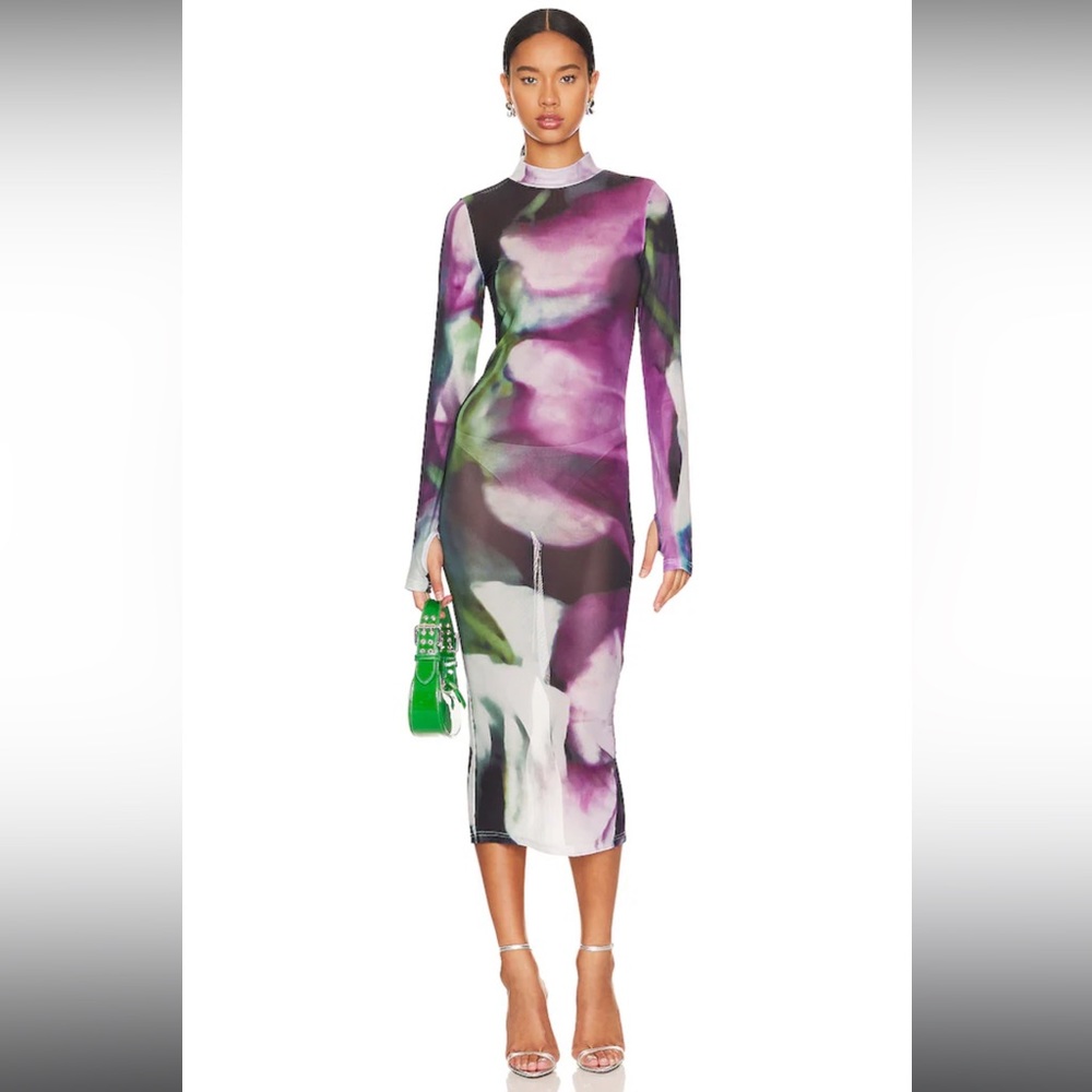 Sheer Mesh Midi Dress in Purple Multi
